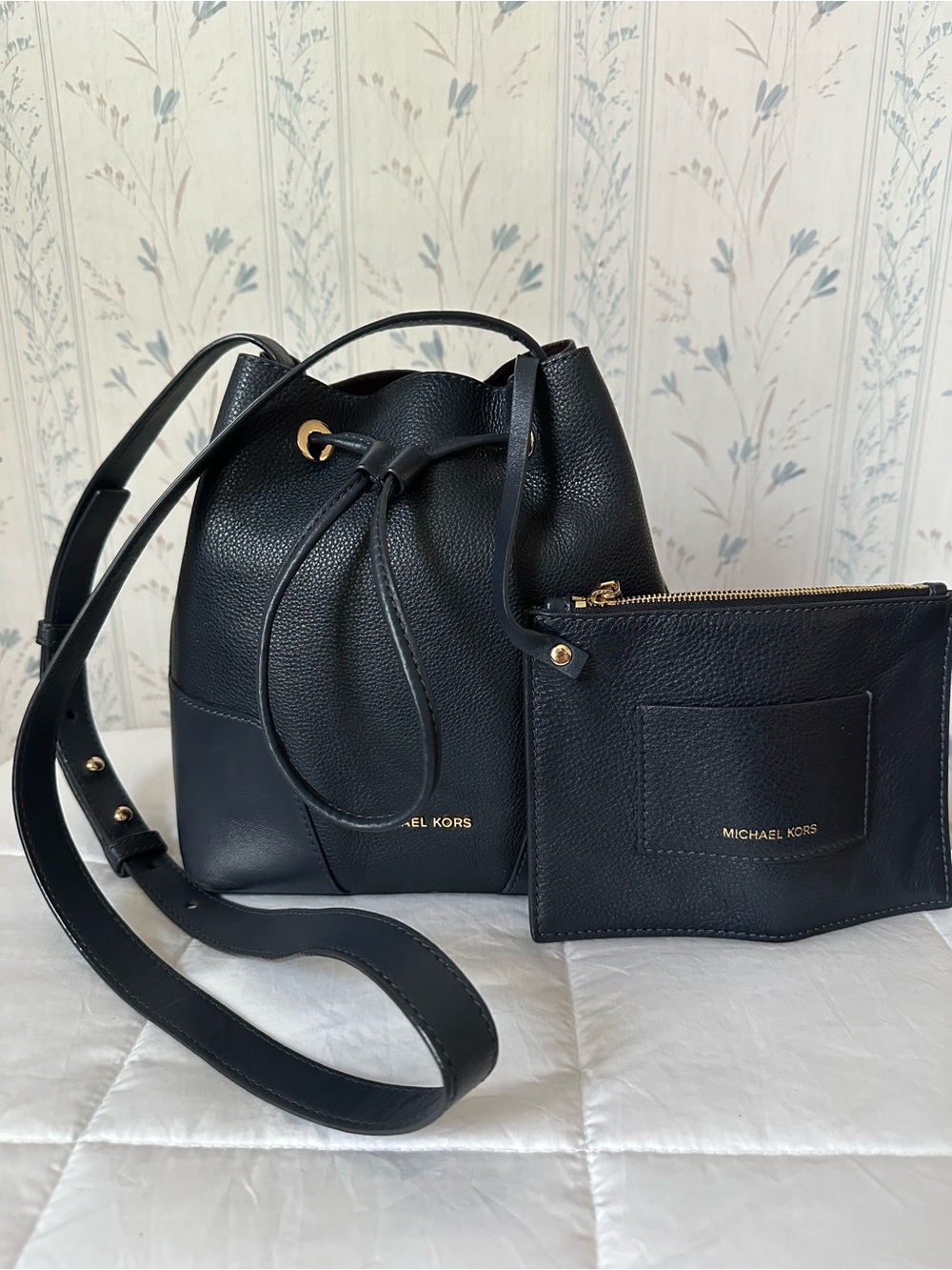 Michael Kors Navy Leather Bucket Bag with Pouch